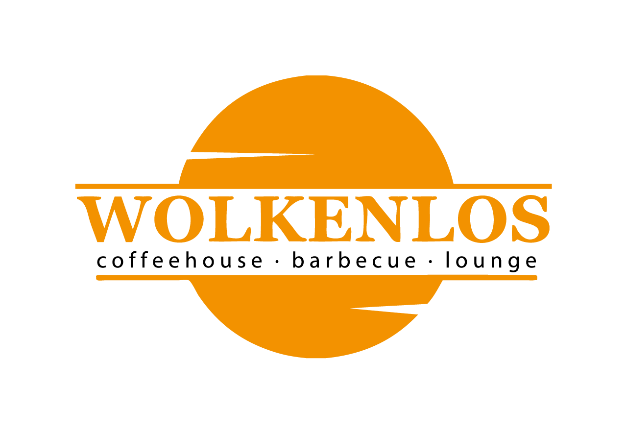 Orangefarbenes Wolkenlos-Logo mit Sonne und dem Text „Café • Grill • Lounge“