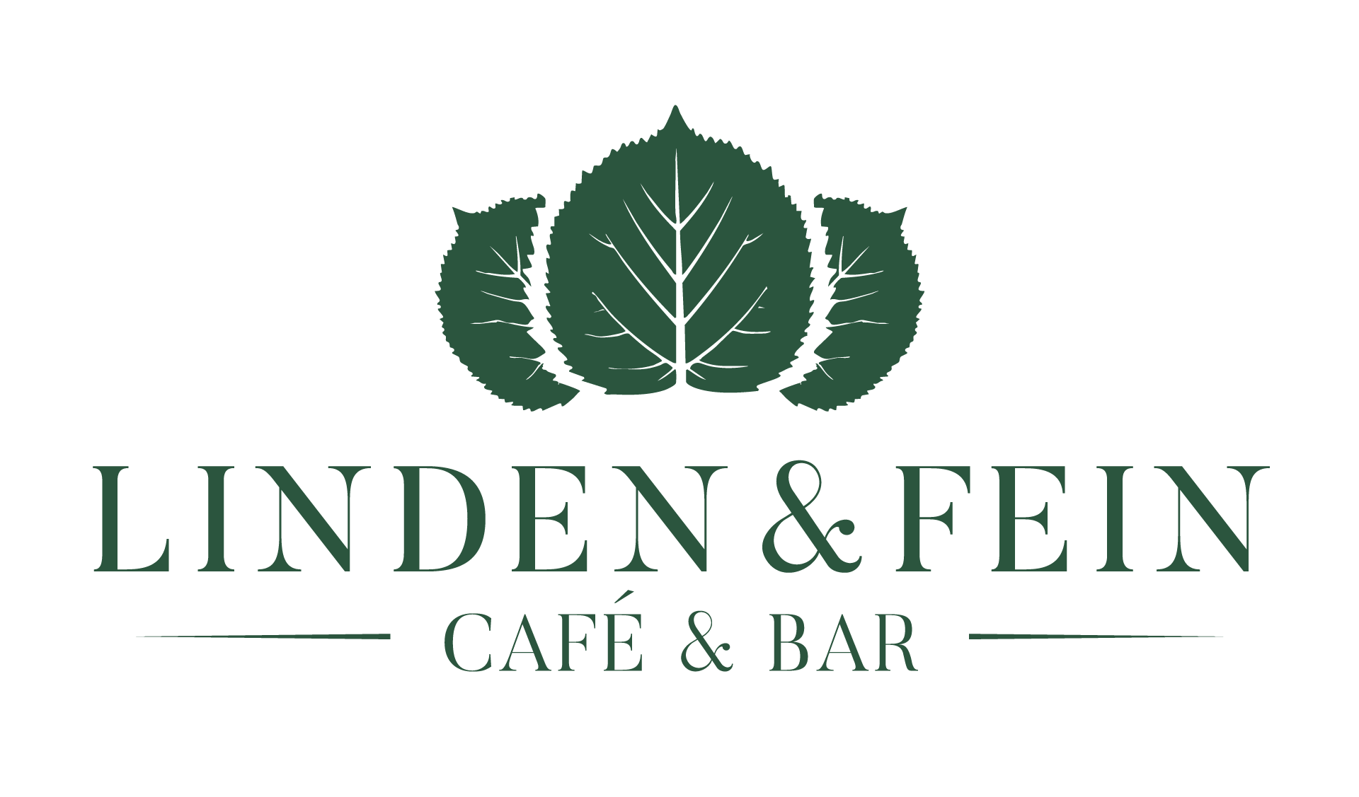 Logo des Linden & Fein Café & Bar mit grünem Blattemblem und Serifenschrift auf weißem Hintergrund