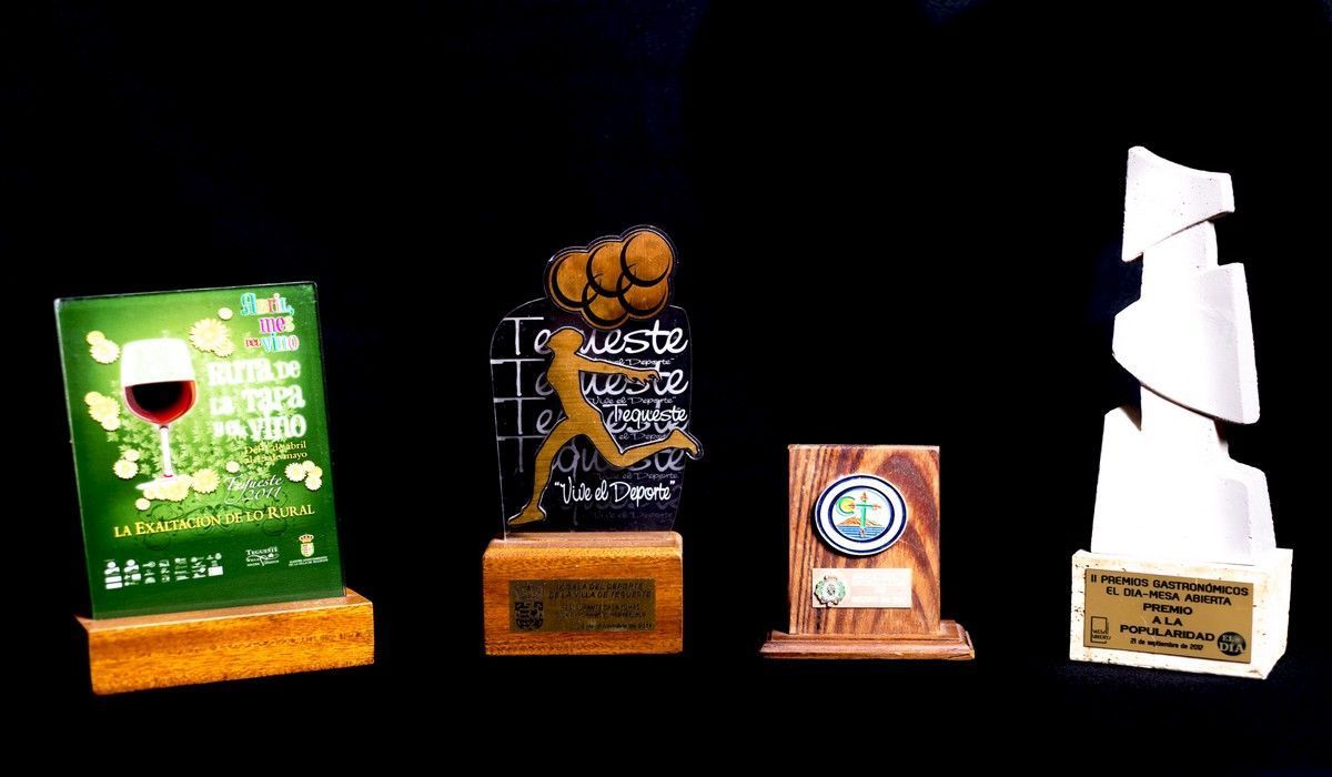 Un grupo de trofeos están sentados uno al lado del otro en una mesa.