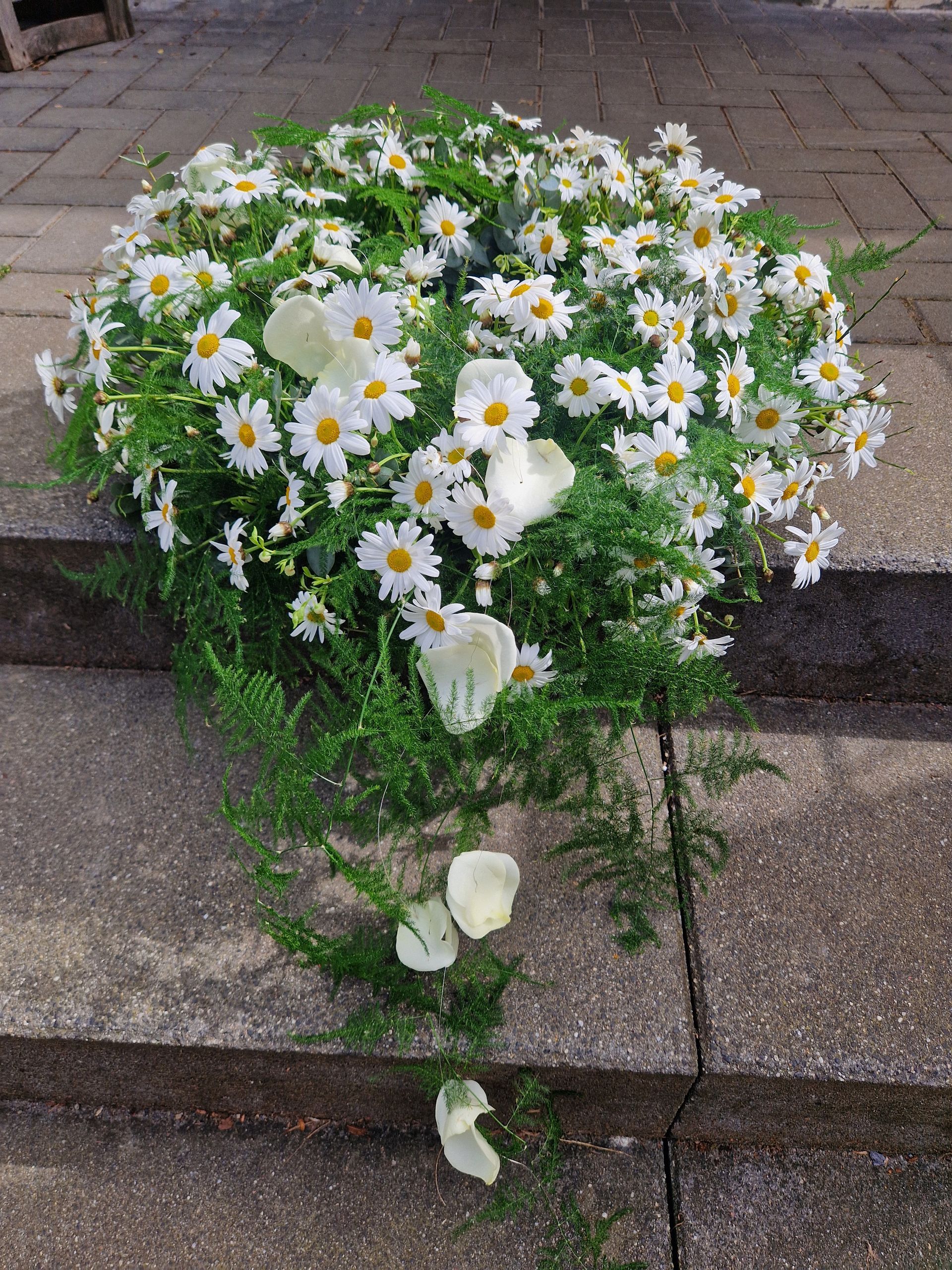 Ein Strauß weißer Gänseblümchen steht auf einer Treppe.