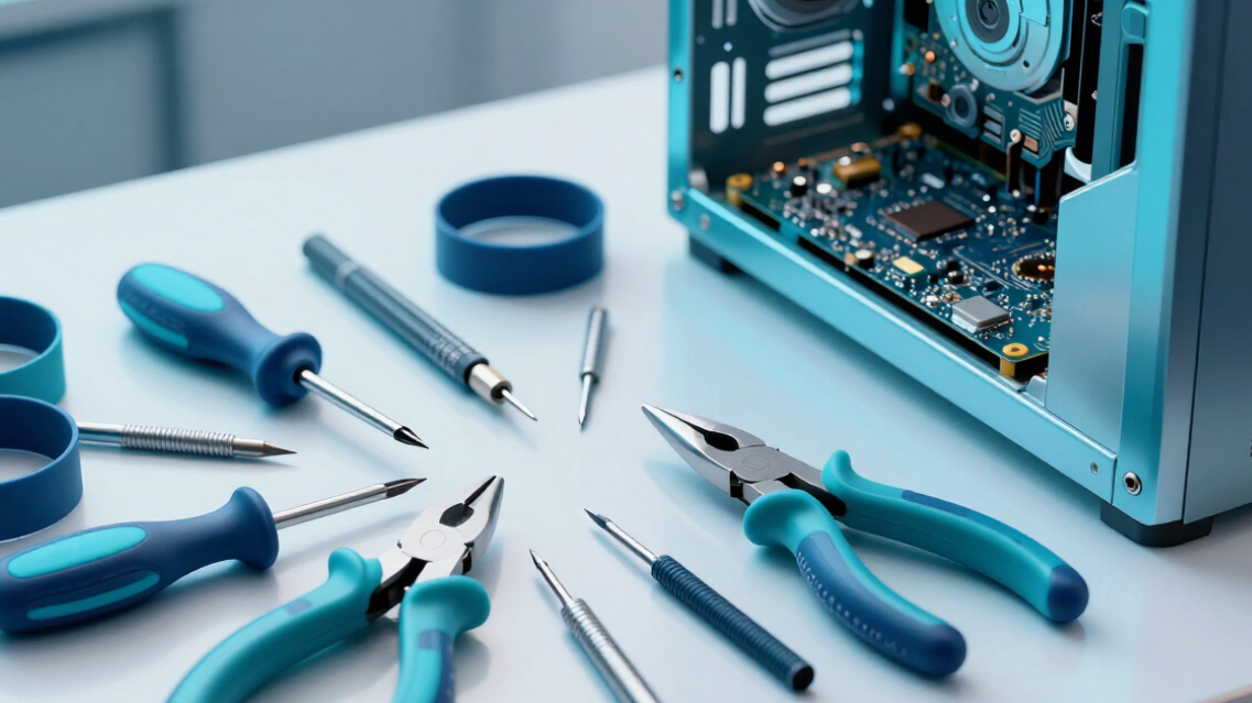 Des outils à manche bleu éparpillés à côté d'un appareil électronique ouvert sur un établi blanc.