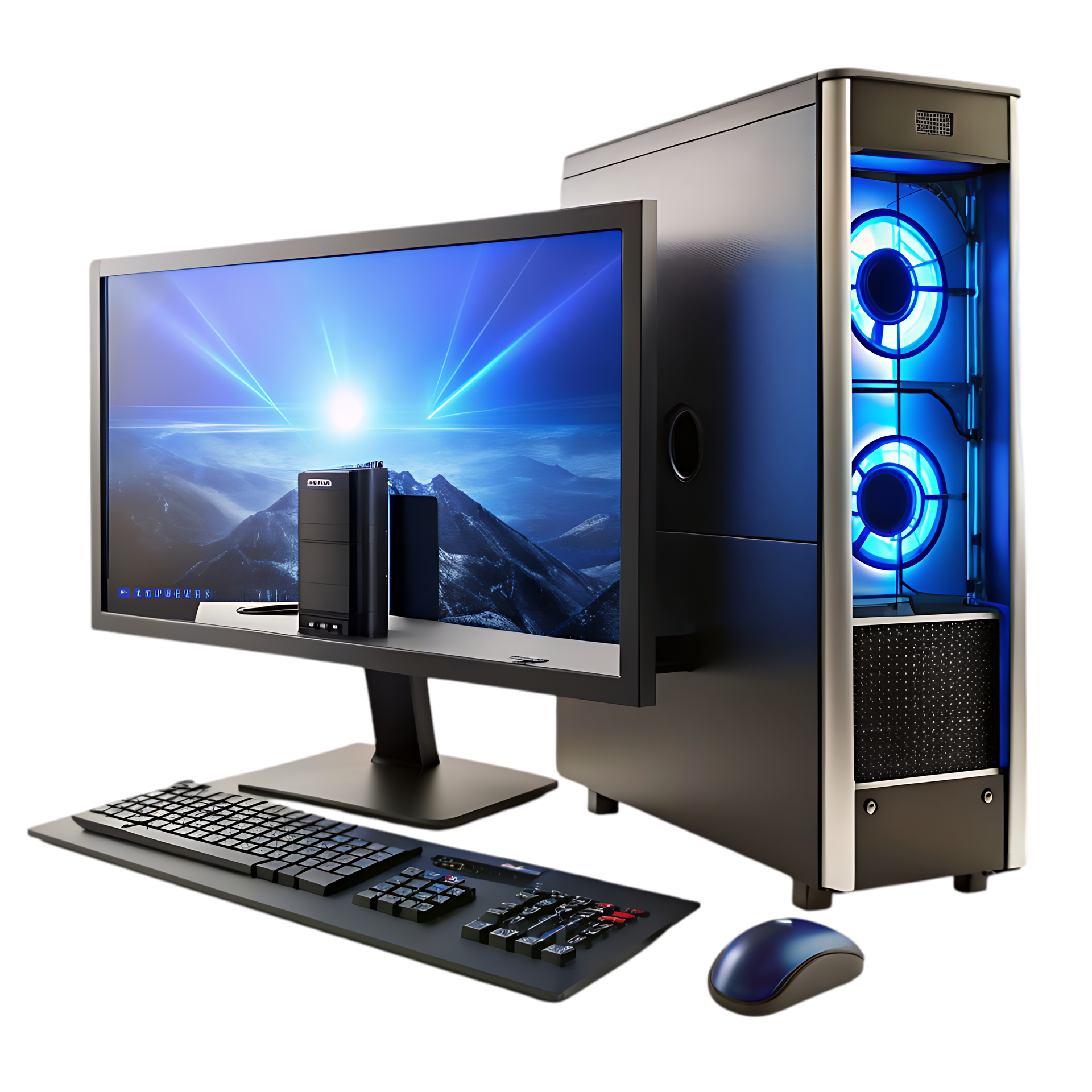 Configuration d'un ordinateur de bureau avec écran, tour, clavier, souris et télécommande sur fond blanc.