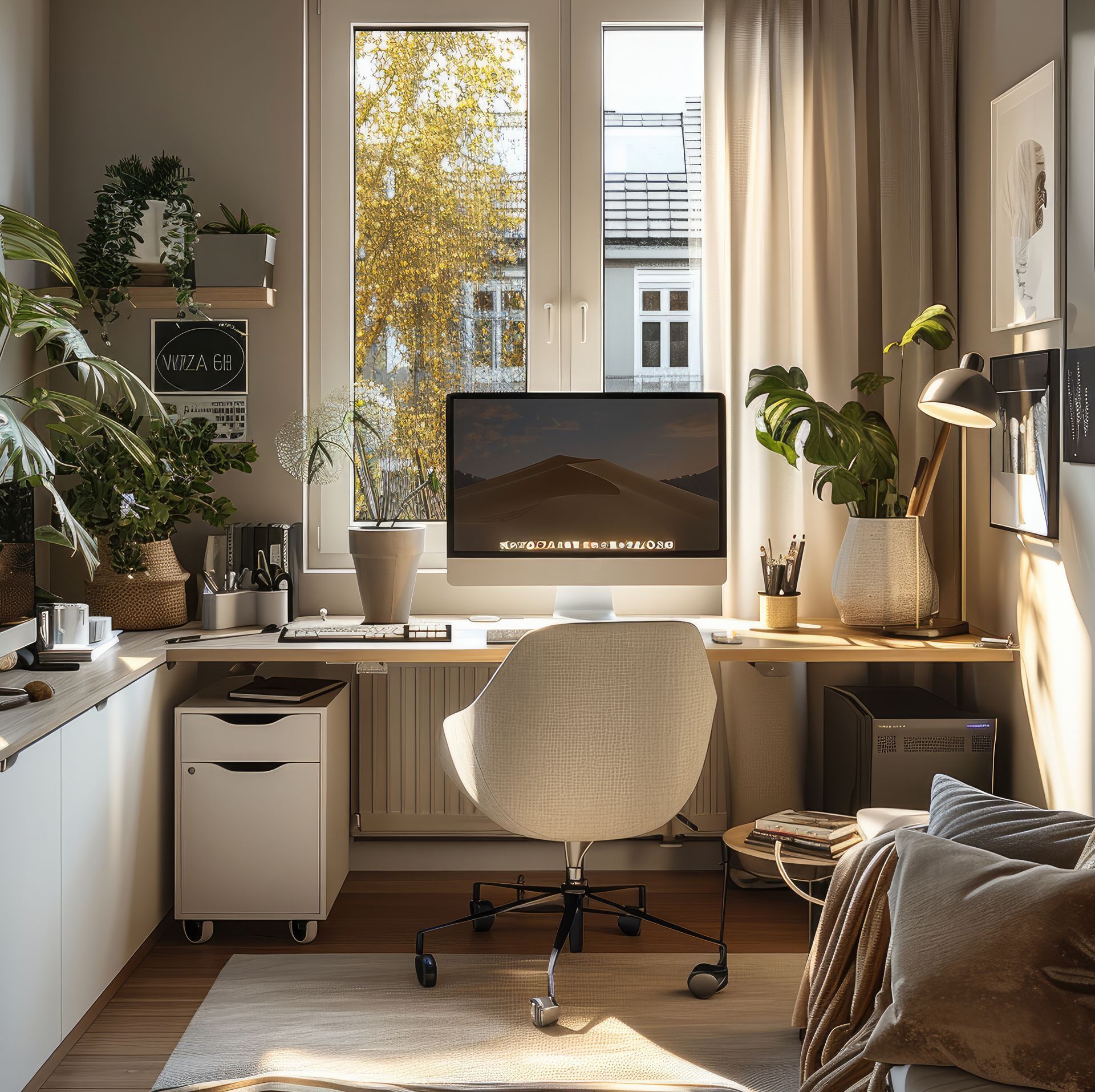 Bureau à domicile baigné de lumière naturelle avec bureau, ordinateur, plantes et grande fenêtre.