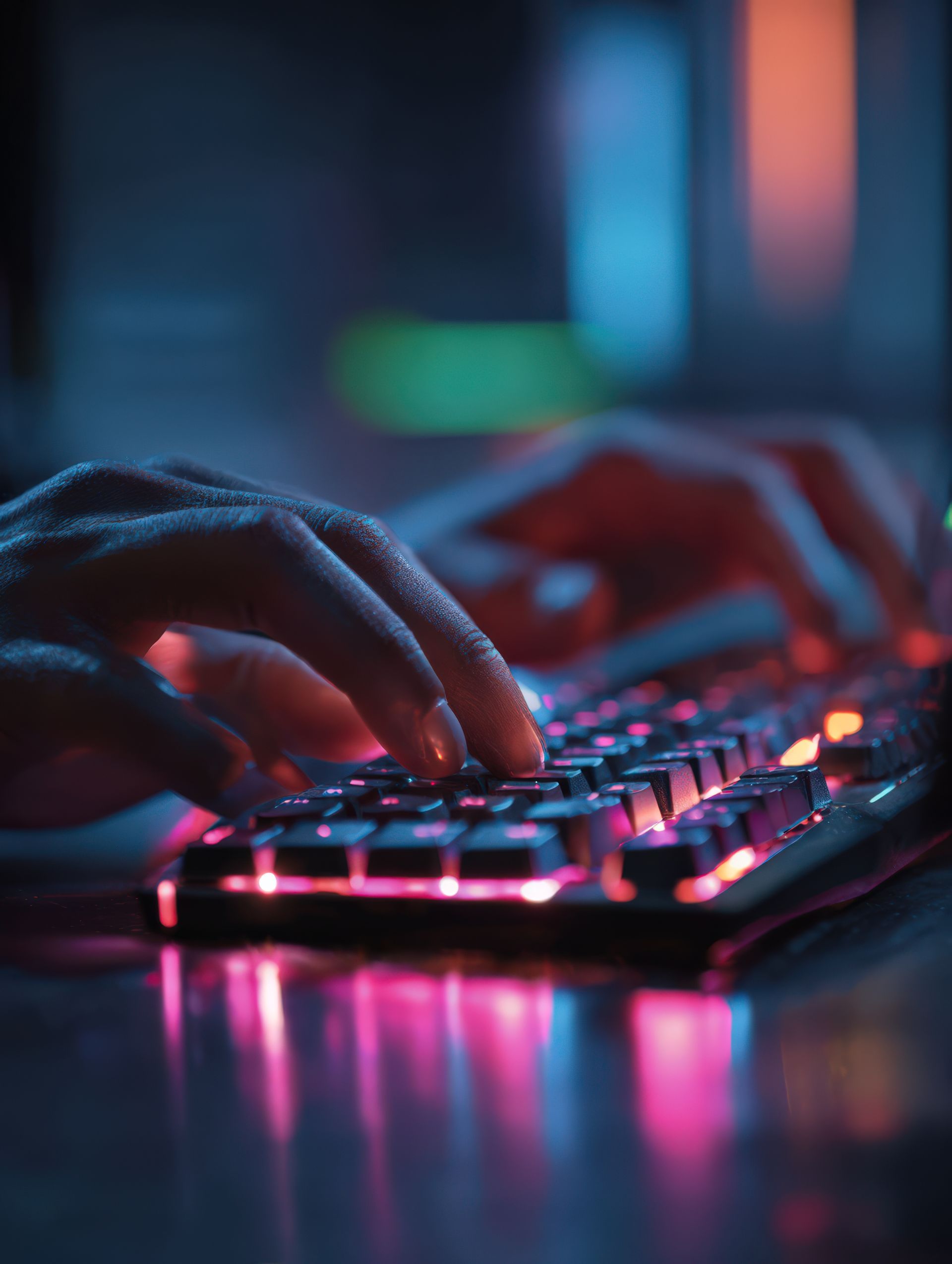 Des mains qui tapent sur un clavier illuminé par des néons dans une pièce faiblement éclairée.