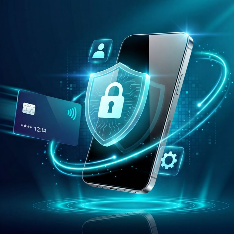 Smartphone avec des icônes lumineuses de bouclier de sécurité, de cadenas et de carte de paiement sur un fond numérique bleu.