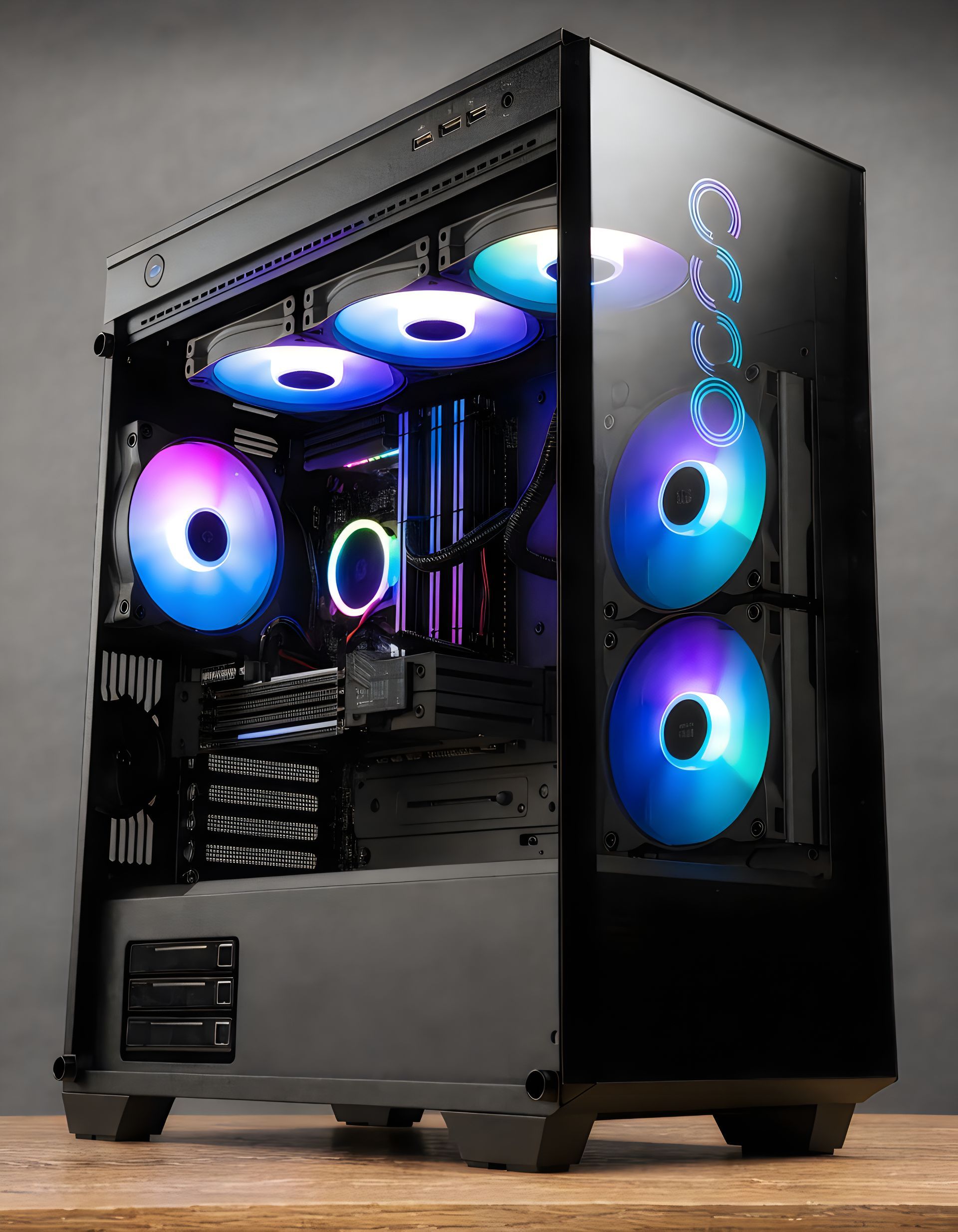 Tour PC noire avec ventilateurs rétroéclairés RGB et panneau latéral en verre trempé.