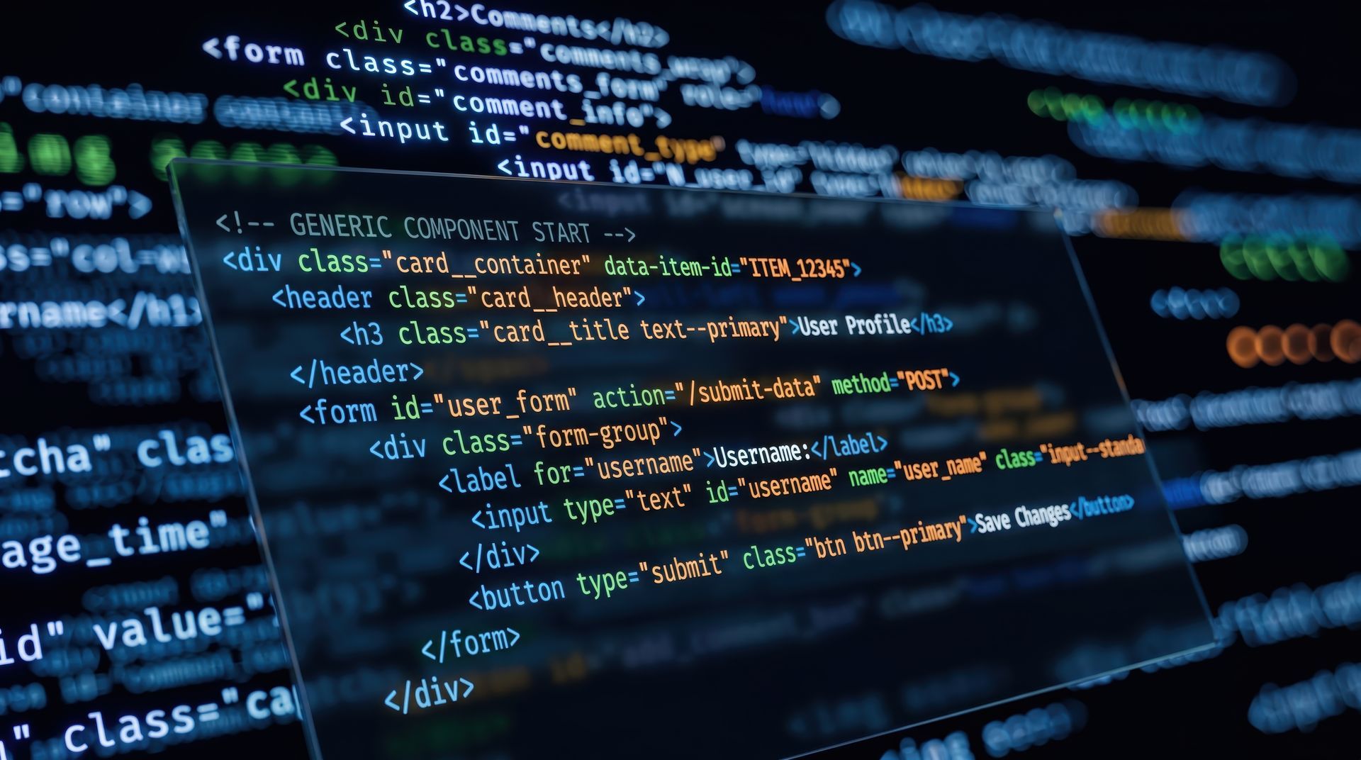 Gros plan sur du code de programmation coloré sur un écran sombre, avec une coloration syntaxique bleue et orange.