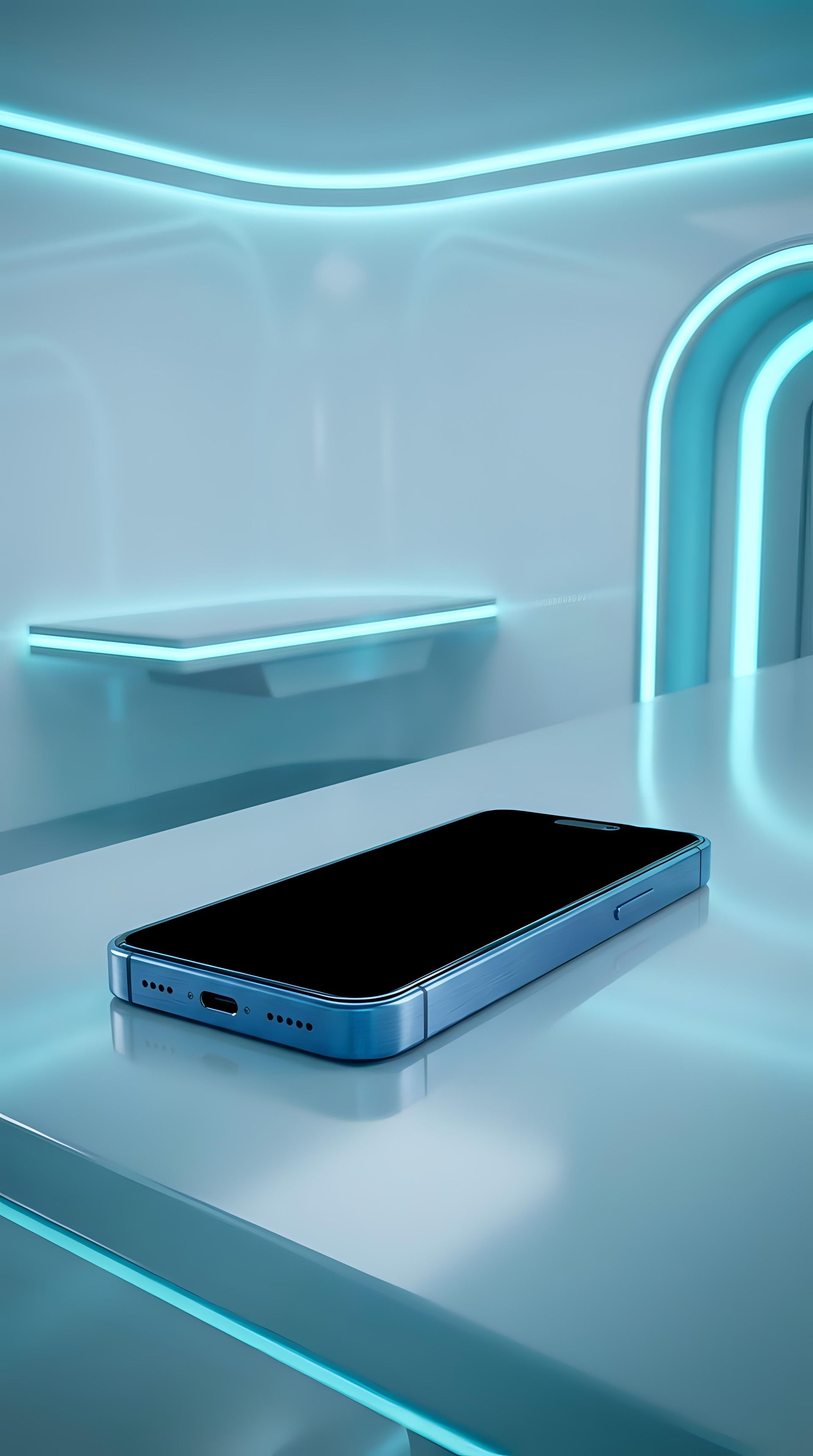 Smartphone bleu sur une plateforme futuriste brillante blanche et cyan dans une pièce minimaliste éclairée au néon.