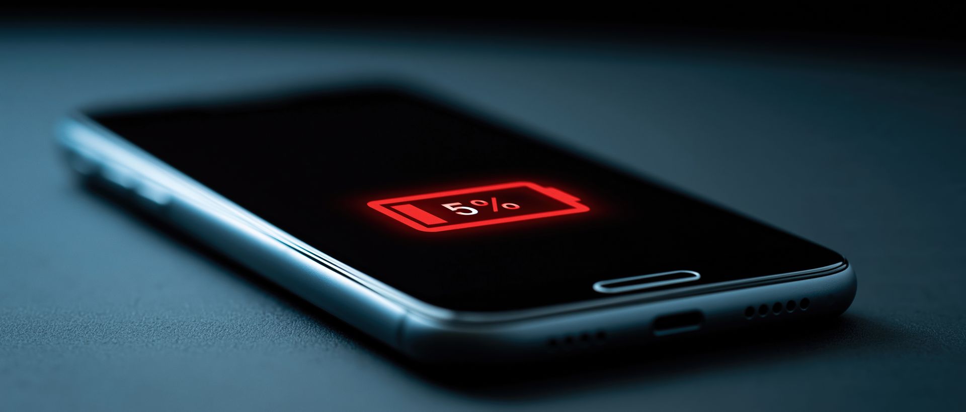 Smartphone posé sur une surface sombre avec une icône de batterie faible rougeoyante sur l'écran.