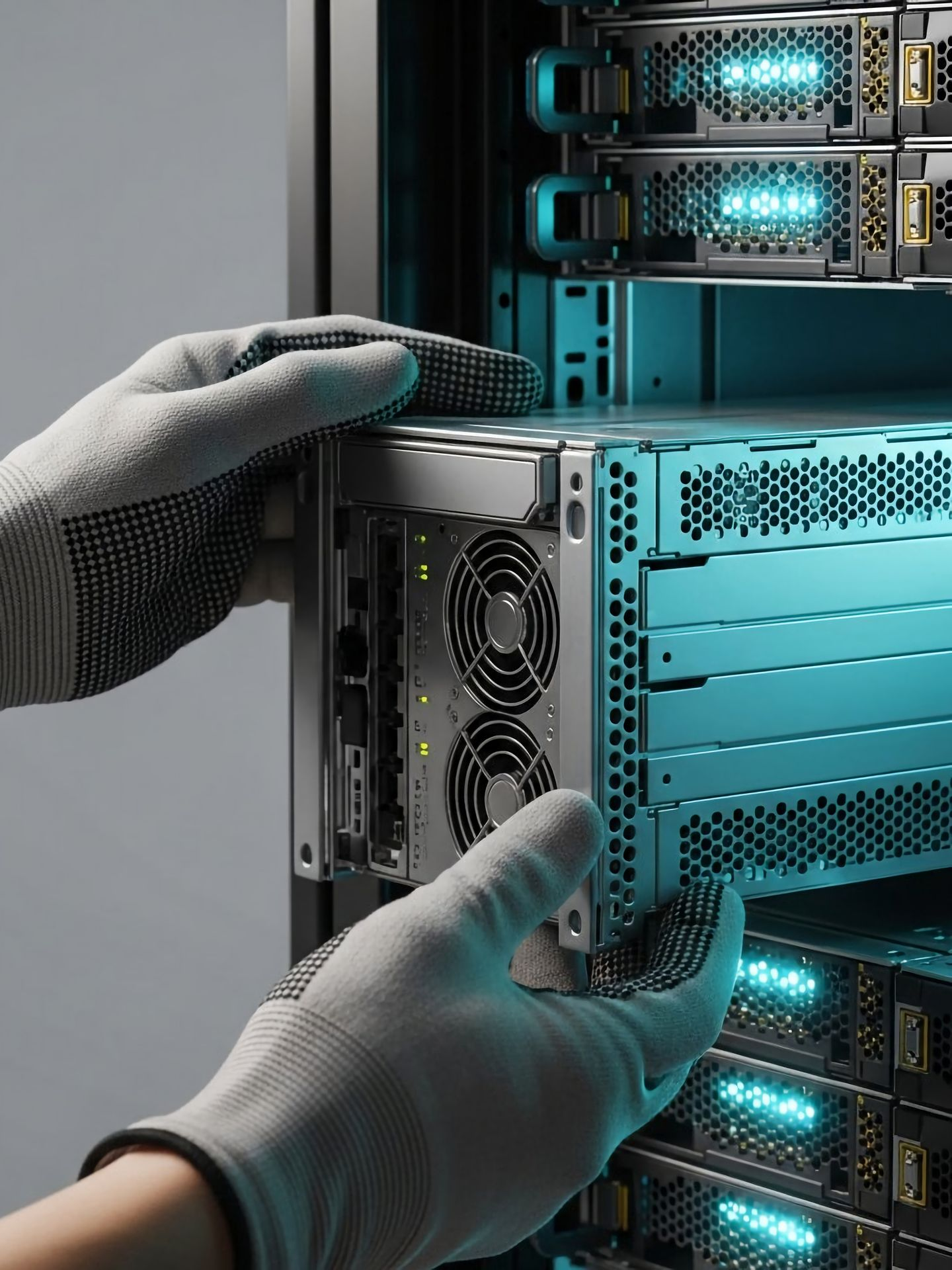 Des mains de technicens qui semblent inspecter une tour d'ordinateur professionnel
