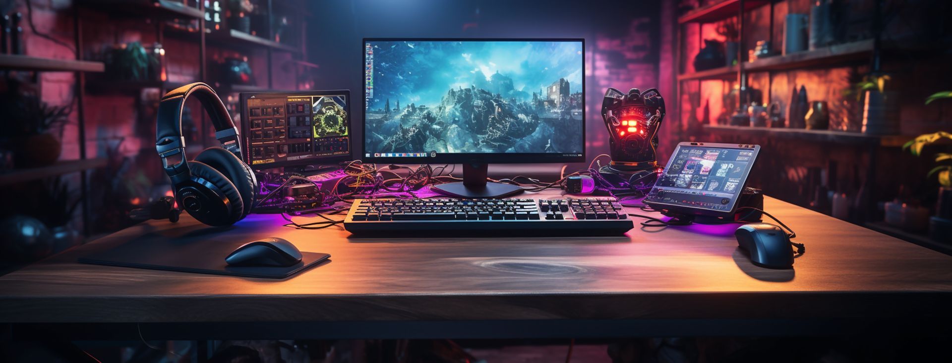 Bureau de jeu éclairé au néon avec écran, clavier, souris, ordinateur portable et haut-parleurs dans une pièce futuriste.