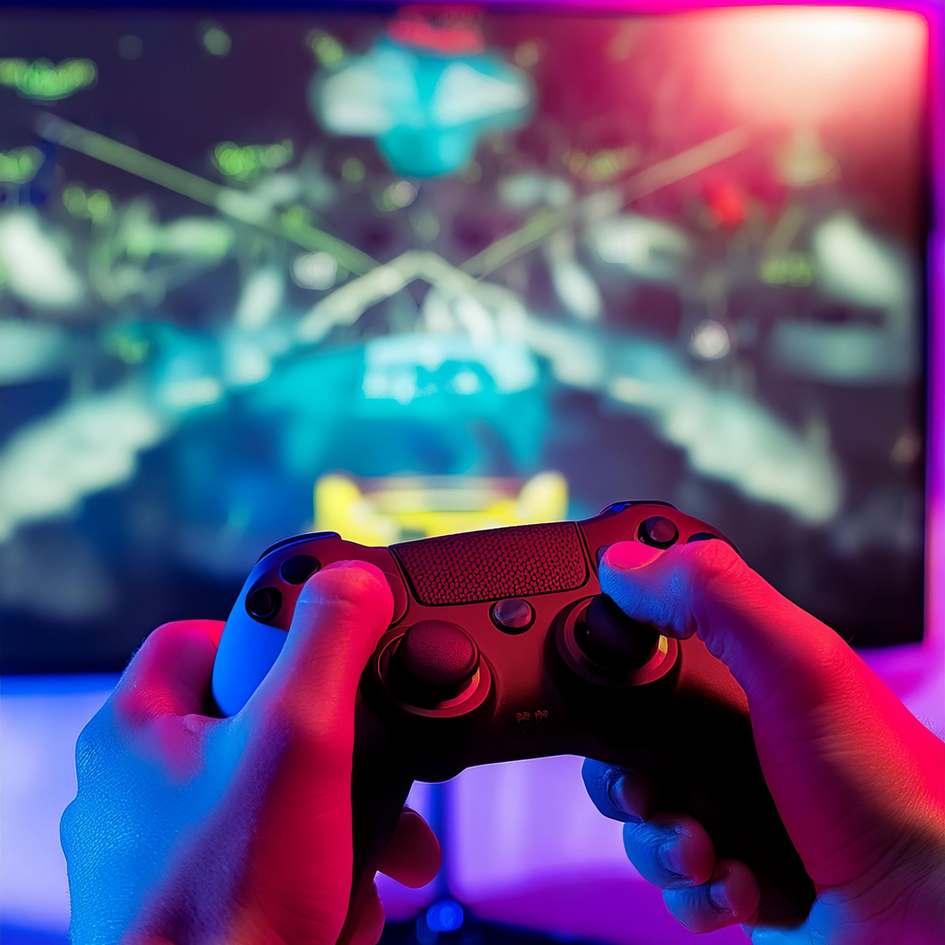 Personne qui tient une manette de jeu devant un écran de jeu vidéo coloré et flou.