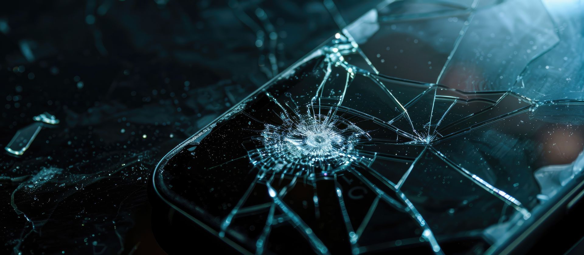 Écran de smartphone fissuré avec des lignes de réseau numériques lumineuses et des particules de données dans les tons bleus.