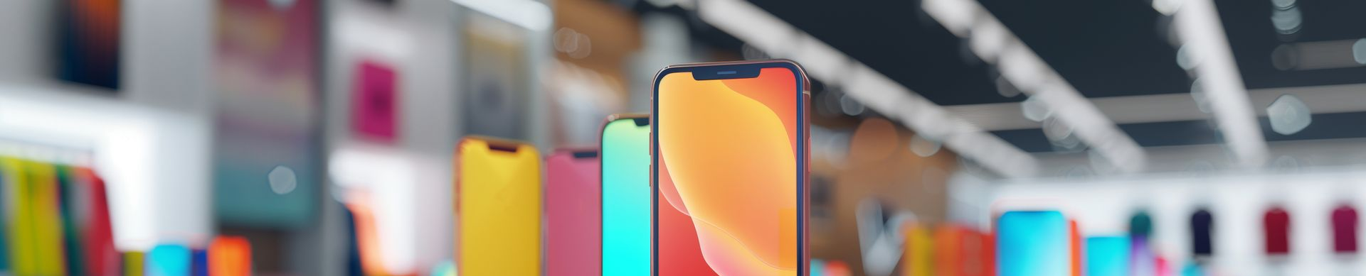 Des smartphones colorés alignés verticalement, sur fond d'étagère de magasin floue.