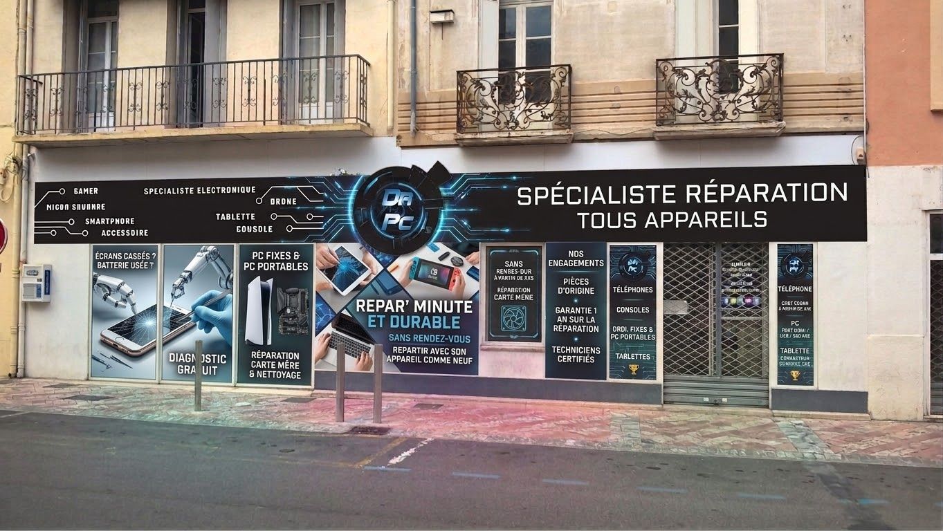 Enseigne bleue et verte sur le comptoir de la boutique Dr. Pc.