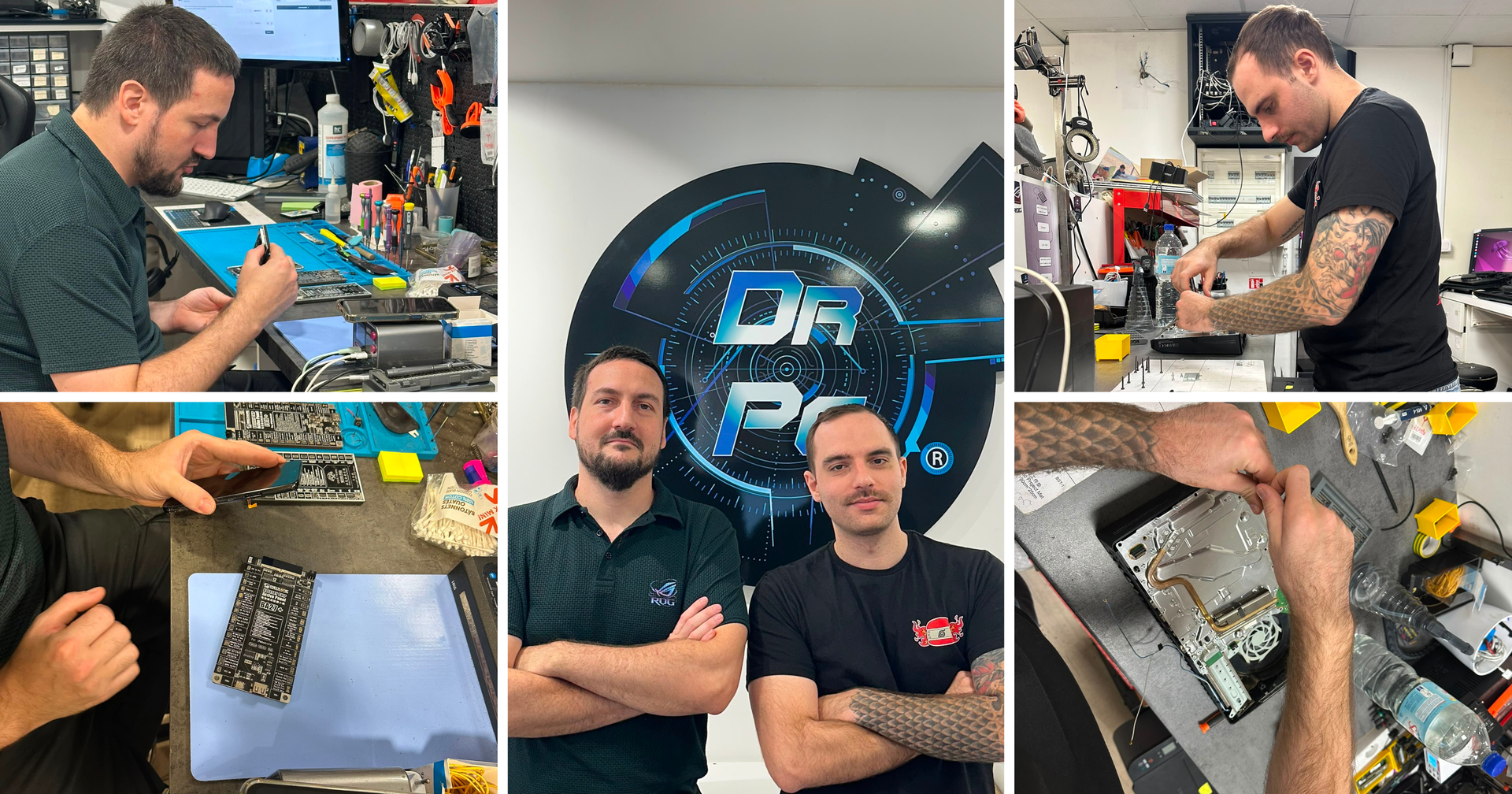Collage de techniciens réparant des appareils électroniques dans un atelier, avec des gros plans d'outils, de cartes de circuits imprimés et d'un logo en arrière-plan.