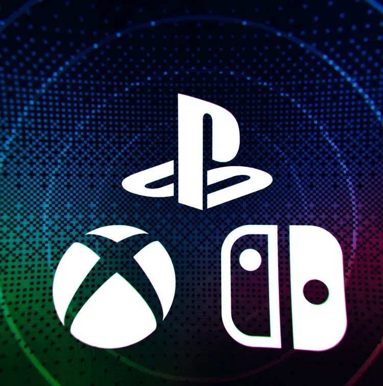 Logos PlayStation, Xbox et Nintendo Switch sur un fond numérique bleu