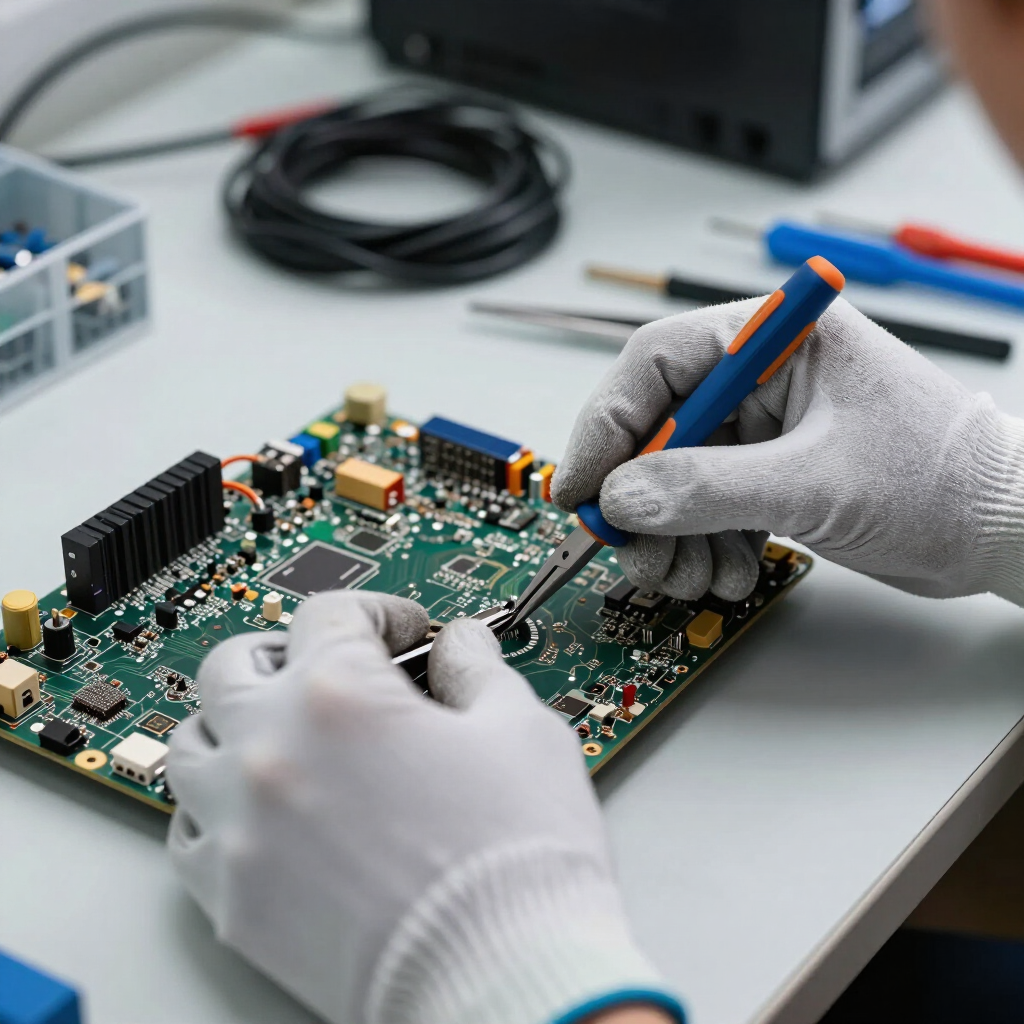 Des mains gantées soudent et inspectent une carte de circuit imprimé sur un établi, des outils à proximité.