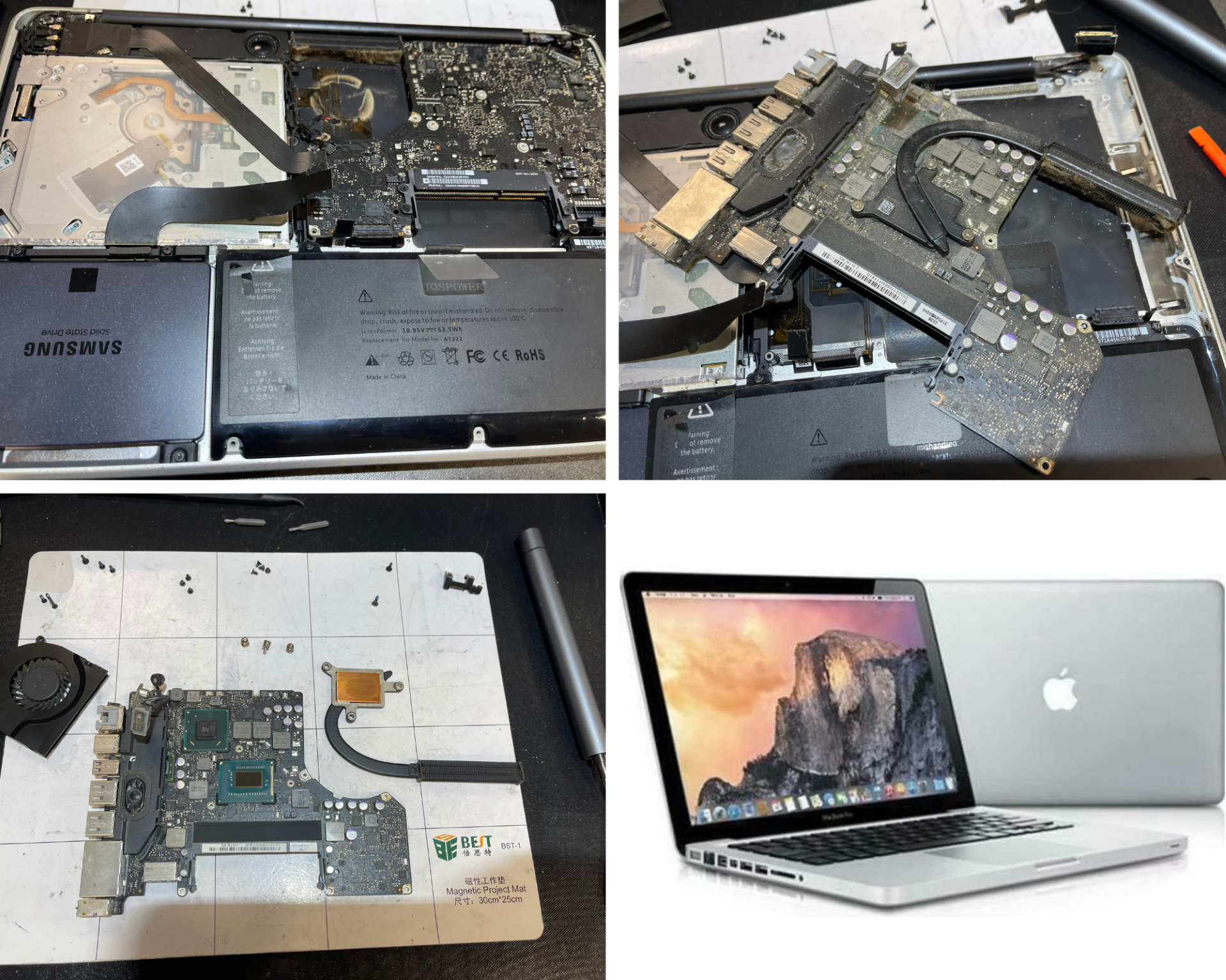 Collage montrant un MacBook endommagé en cours de démontage, avec des pièces cassées disposées à côté d'un ordinateur portable argenté.