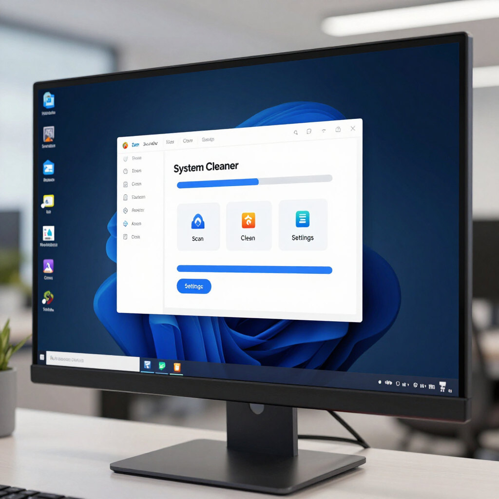 Écran de bureau affichant une fenêtre Windows 11 avec une application de nettoyage système ouverte.