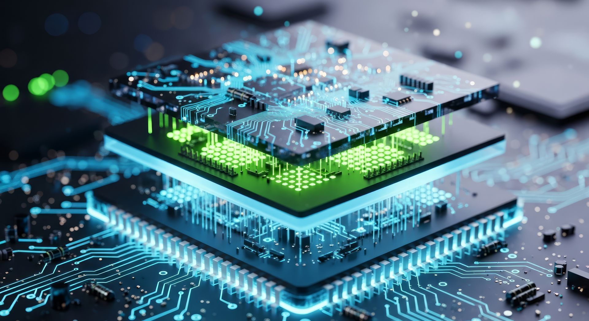 Des couches de microprocesseurs 3D, illuminées en bleu et vert sur un circuit imprimé, représentent l'informatique avancée.