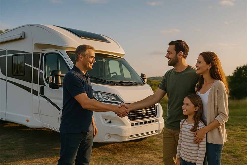 Ein Mann schüttelt einer Familie vor einem Wohnmobil die Hand.