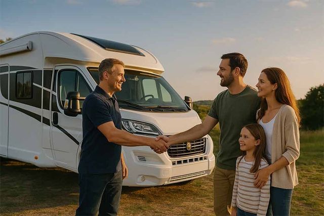 Ein Mann schüttelt einer Familie vor einem Wohnmobil die Hand.