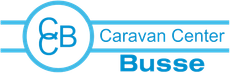 Ein blau-weißes Logo für CB Caravan Center Busse
