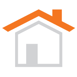 Silhouette d'une maison grise avec un toit et une cheminée orange, une porte et un mur gris.