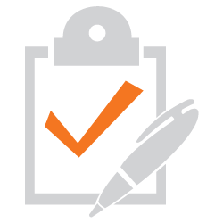 Icône de presse-papiers avec coche orange et stylo gris