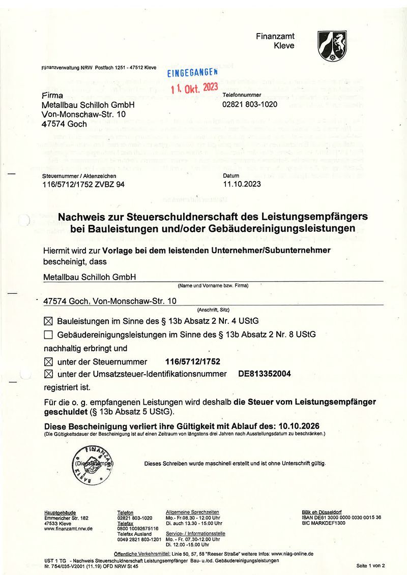 Metallbau Schilloh Nachweis zur Steuerschuldnerschaft 2023