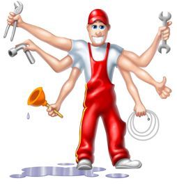 Eine Karikatur eines Klempners mit vielen Händen, die Werkzeuge halten