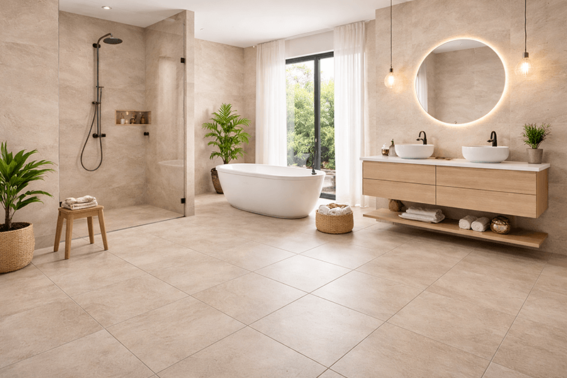 Luxuriöses beigefarbenes Badezimmer mit Dusche, Badewanne, Doppelwaschbecken und großem Fenster mit Blick ins Grüne.