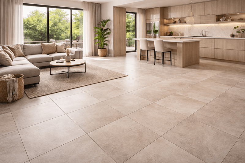 Offener Wohnbereich mit beigefarbenen Fliesenböden