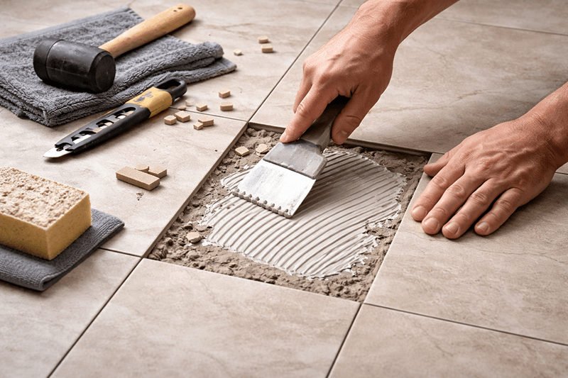 Eine Person trägt Klebstoff auf, um eine zerbrochene Bodenfliese zu reparieren; Werkzeuge befinden sich in der Nähe.