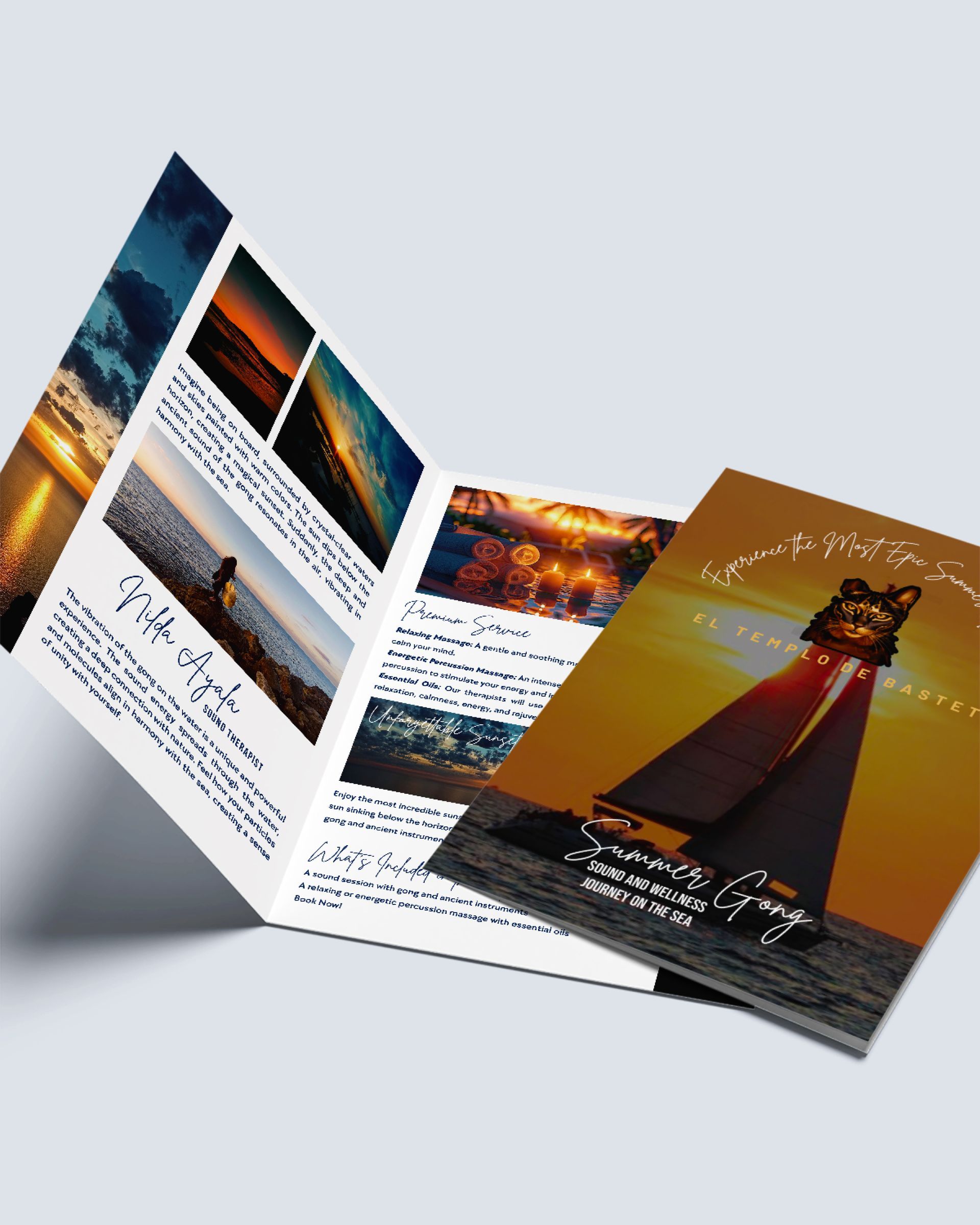 Folleto con fotografías del atardecer y gráfico de un faro.