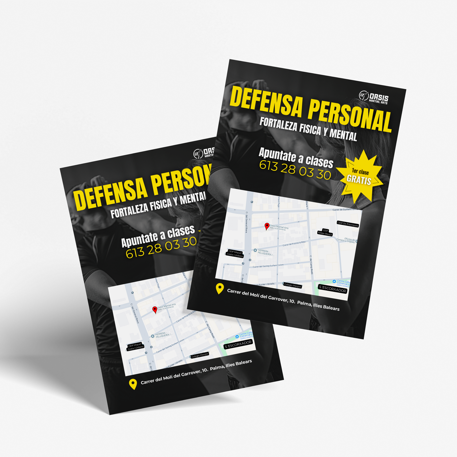 Dos folletos para clases de defensa personal, mostrando un mapa y un número de teléfono.