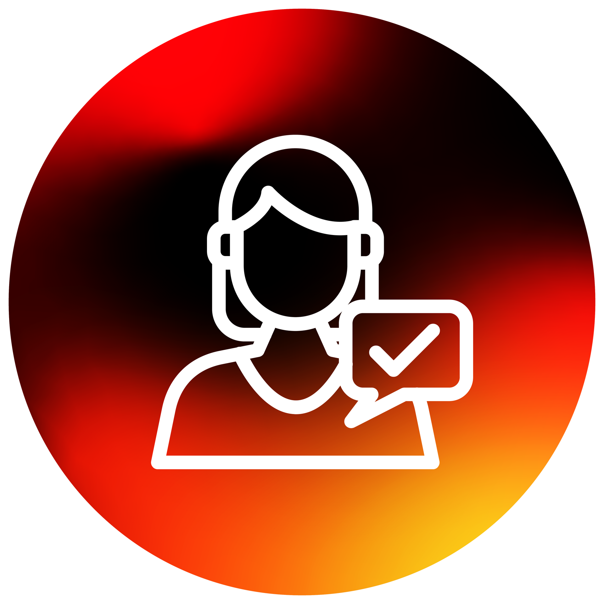 Contorno blanco de una persona con un bocadillo de diálogo que contiene una marca de verificación sobre un fondo degradado de color rojo anaranjado.