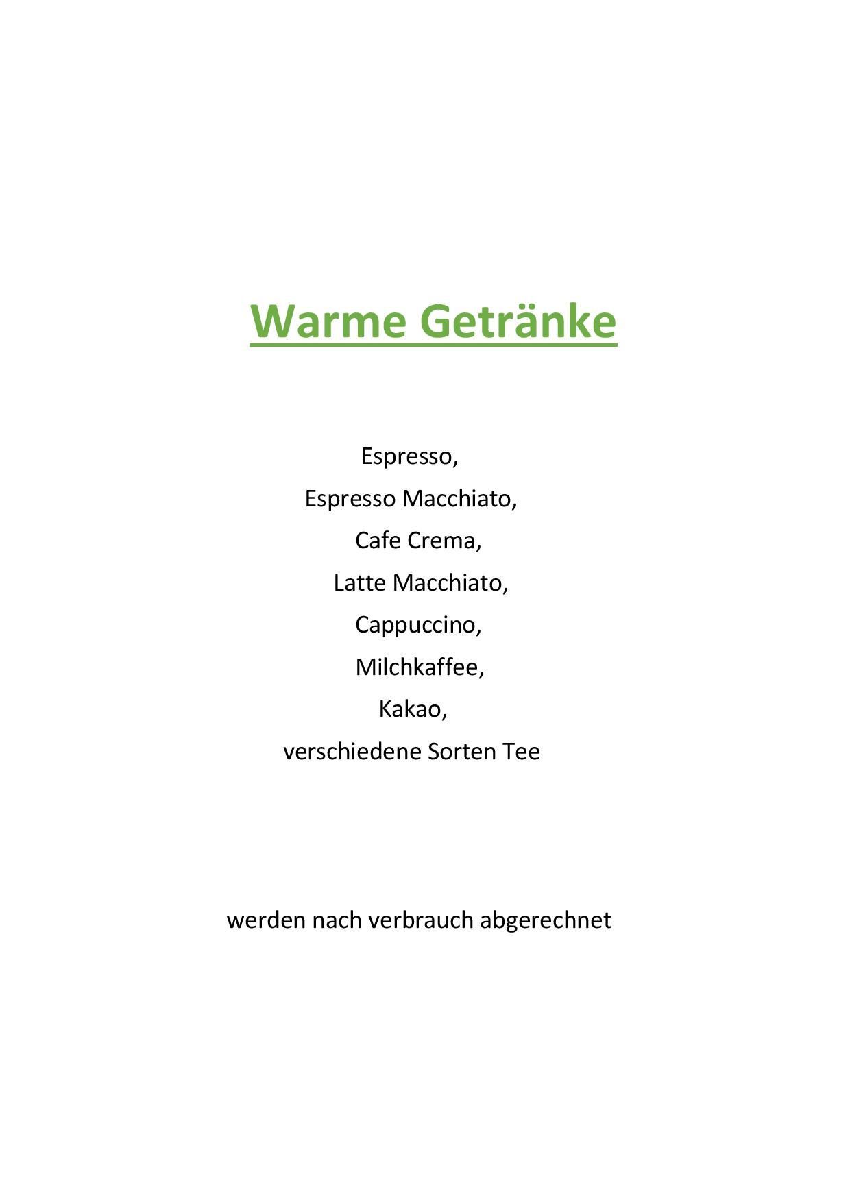 Menükarte von Partyservice Ludwigsburg - warme Getränke
