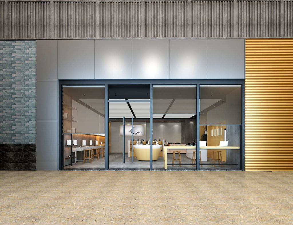 Vitrine de magasin en quatre parties de couleur gris anthracite.