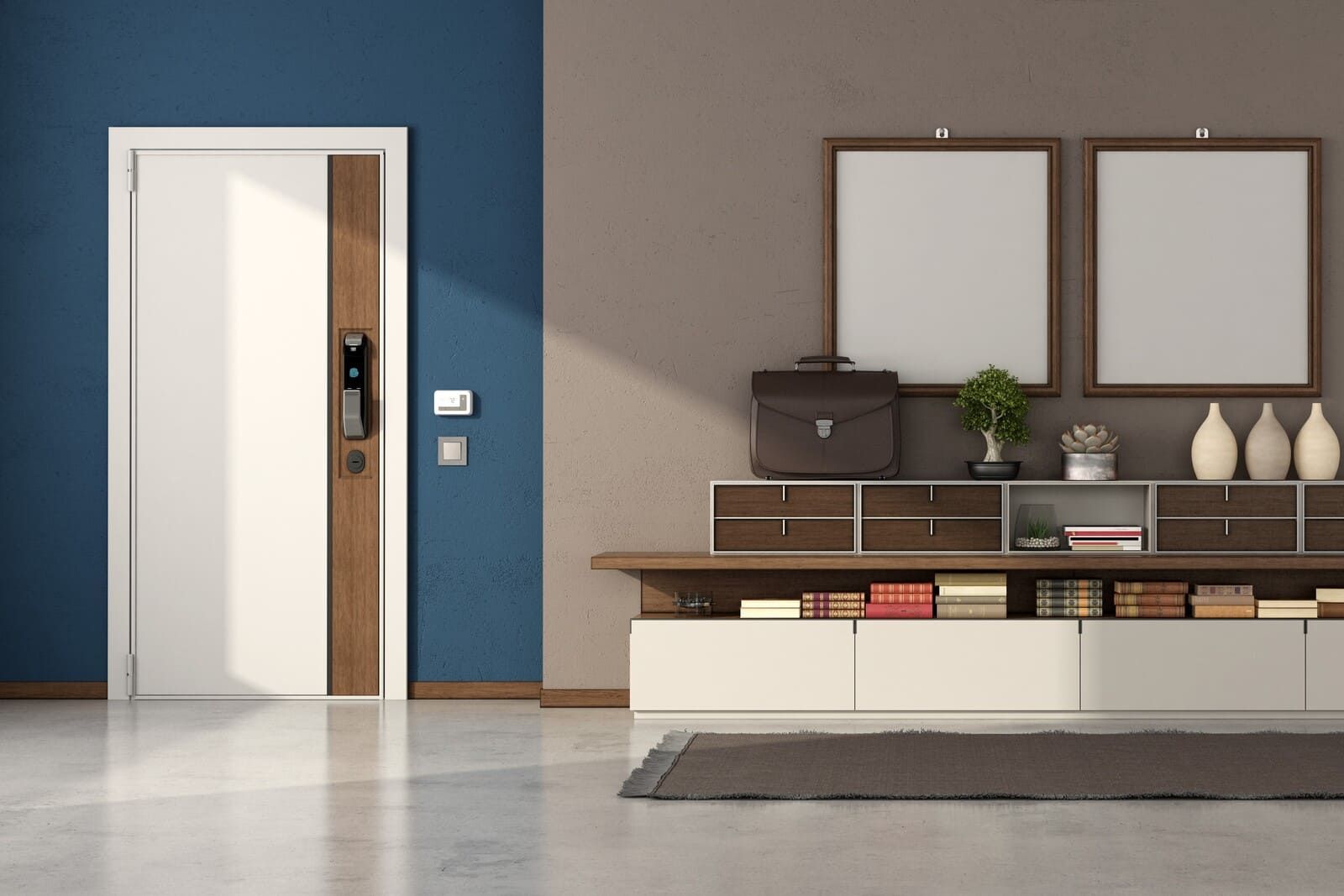 Intérieur de maison avec des meubles, des mirroires et une porte blindée