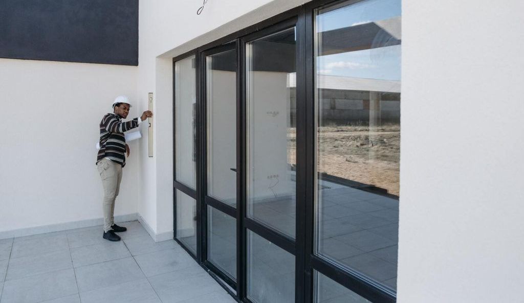 Ouvrier vérifiant le niveau d'un mur attenant à une porte-fenêtre en aluminium