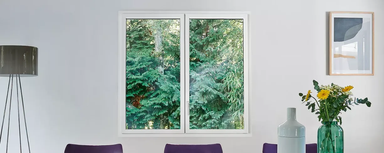 Fenêtre blanche en aluminium avec une vue sur des arbres