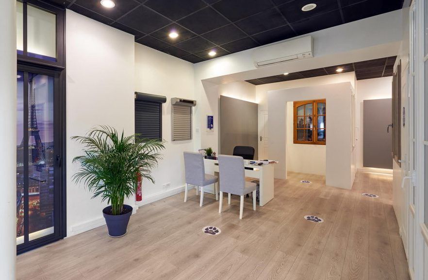 Bureau du showroom avec des volets roulants et des fenêtres en présentation.