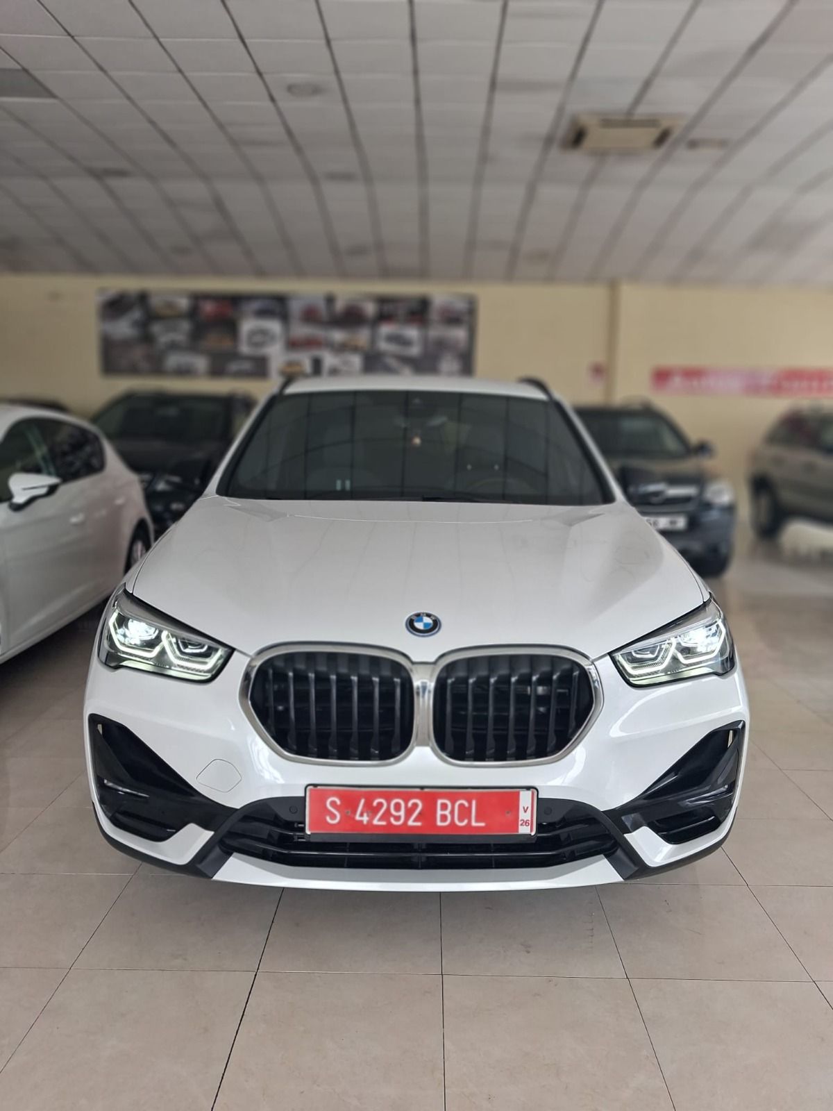 SUV BMW blanco estacionado en el interior de una sala de exposición, vista frontal con matrícula roja.