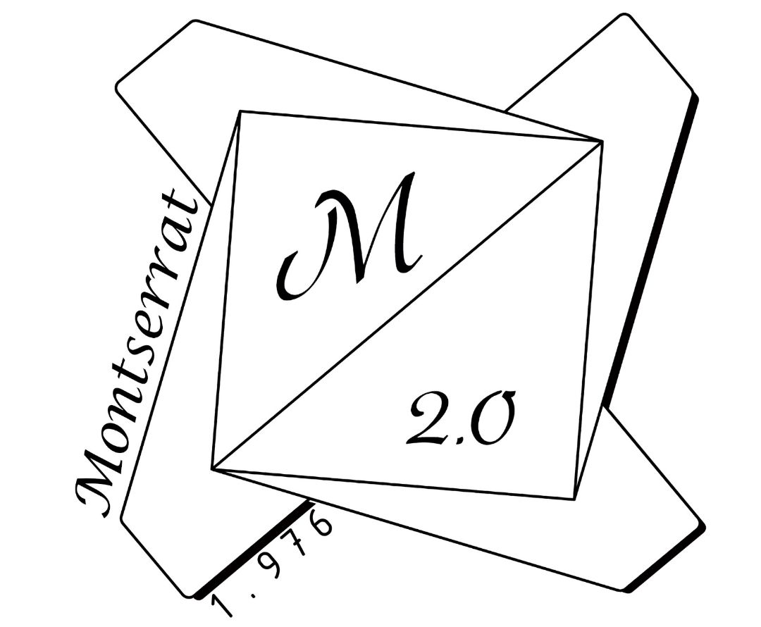 Logotipo con la letra "M" y el número "2.0" dentro de formas superpuestas, con "Montserrat" y "1.976" en texto.