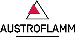 Das Logo von Austroflamm ist ein Dreieck mit einem roten Dreieck in der Mitte.