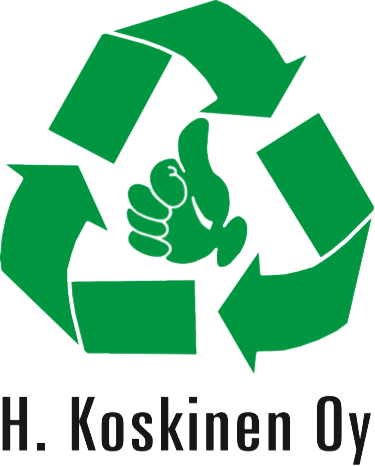 Vihre&auml; kierr&auml;tyssymboli, jonka sis&auml;ll&auml; peukku yl&ouml;s; alla yrityksen nimi "H. Koskinen Oy".