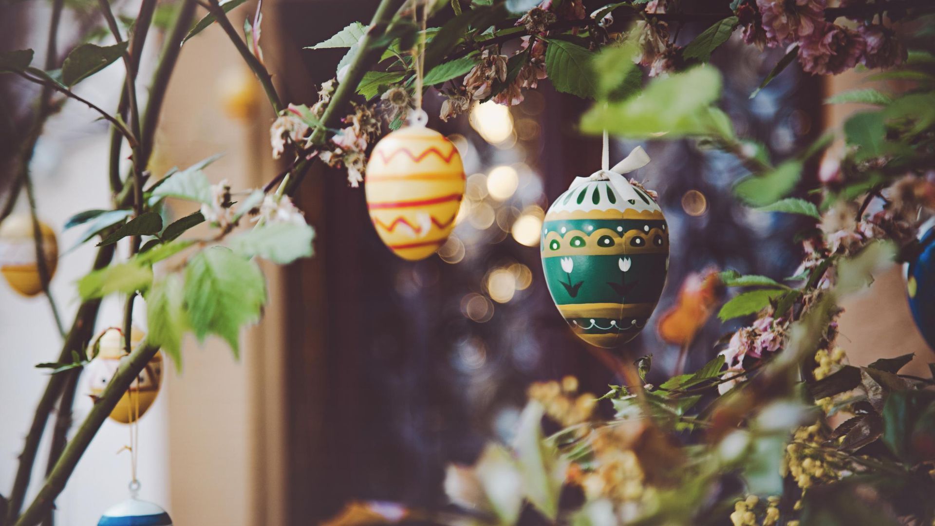Ostereier hängen an Ästen, in verschiedenen Farben und Mustern.