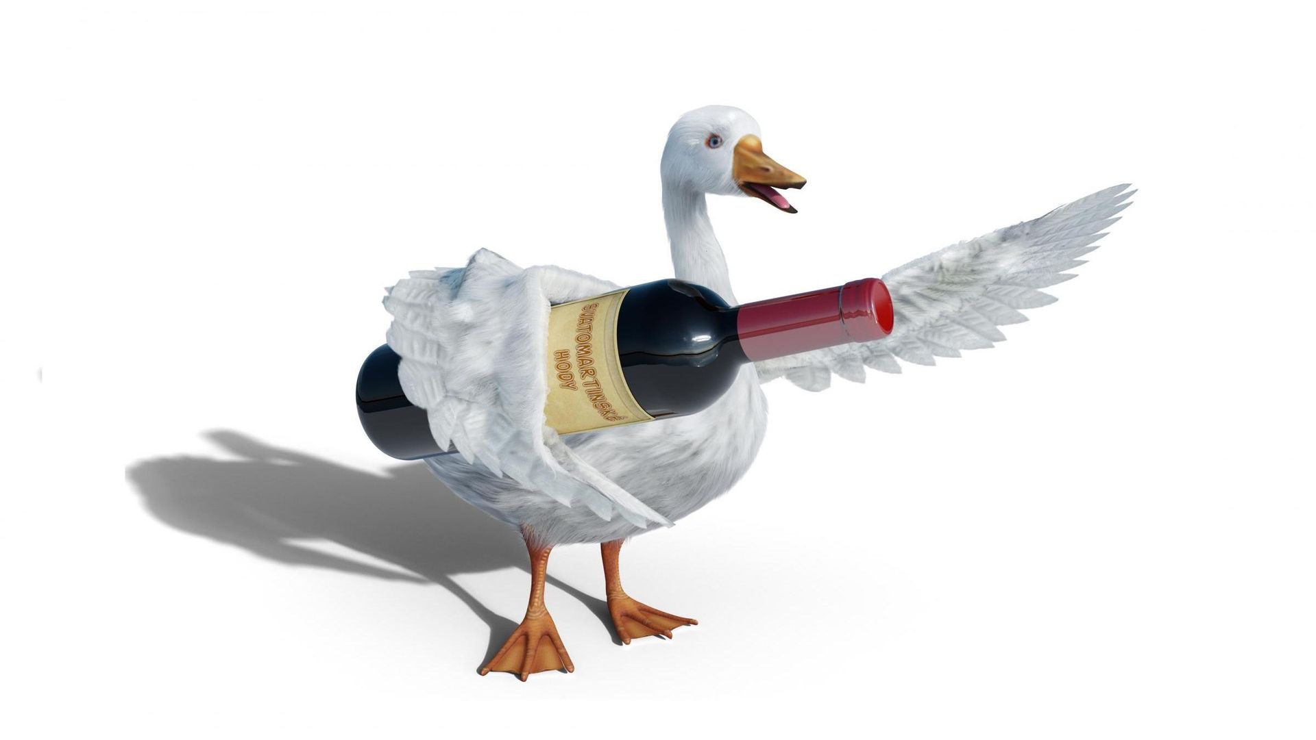 Gans mit ausgebreiteten Flügeln, die eine Weinflasche hält.